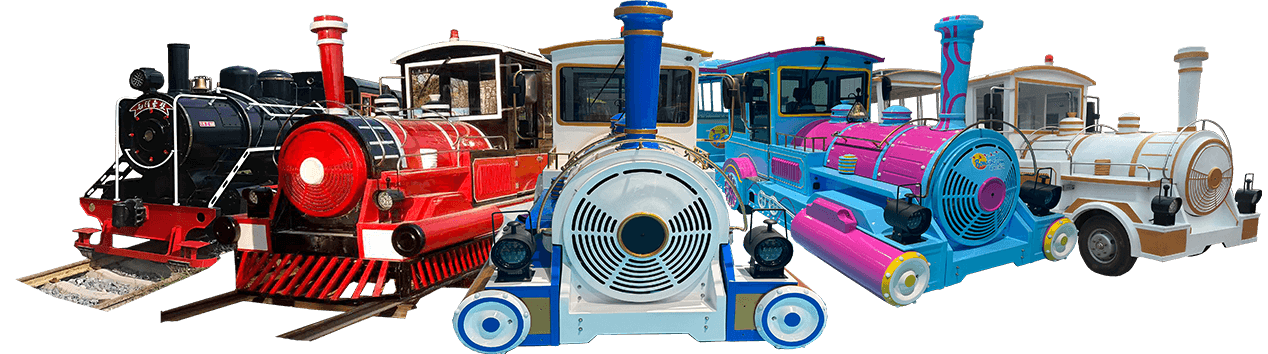Different models of amusement trains including trackless trains and track train rides for parks and malls