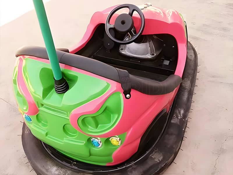 Close-up of Green and Pink Ceiling Bumper Car – Skynet Bumper Car for Kids and Adults with Steering Wheel