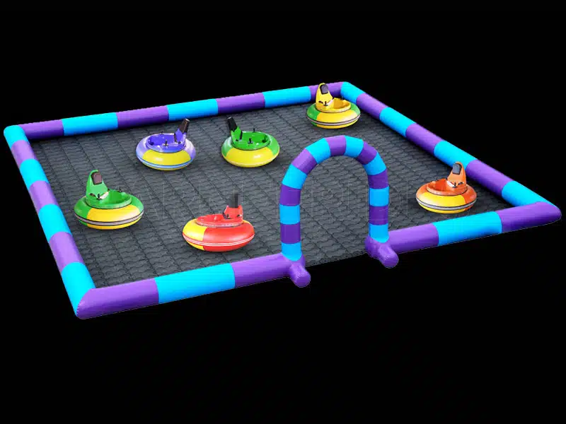 3D design of a square inflatable bumper car arena with an entrance arch, keeping battery-operated UFO bumper cars in a safe riding zone.