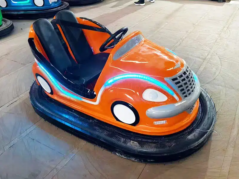 Orange overhead bumper car equipped with LED light strips, skynet power pole and durable FRP body, suitable for commercial bumper car venues.