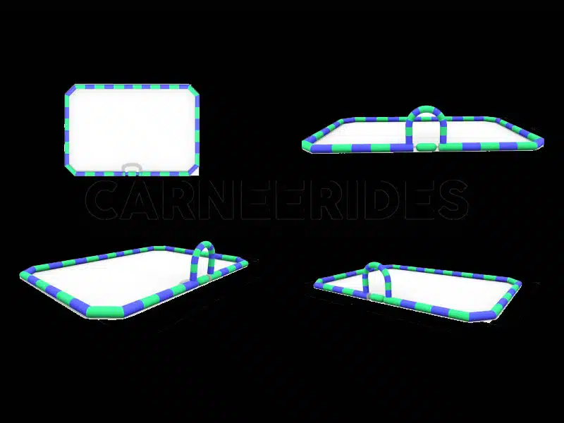 Multiple angles of a portable inflatable bumper car track design, showcasing easy setup and crowd control capabilities for operators.