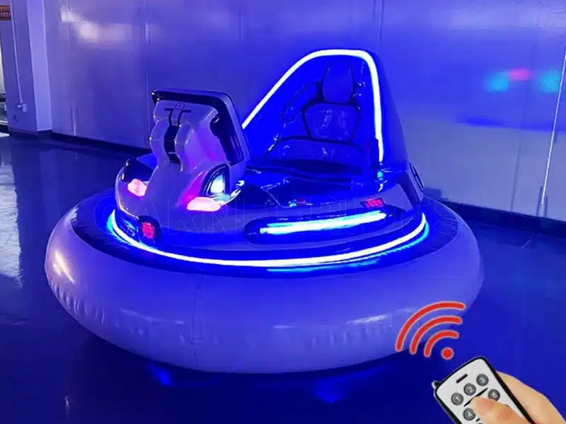 Battery operated inflatable bumper car with LED lights and remote control, perfect for indoor night operations