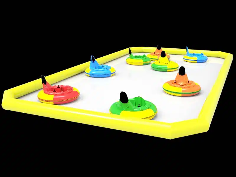 Yellow commercial inflatable boundary fence designed for battery bumper cars, providing ultra-fast setup for pop-up events.