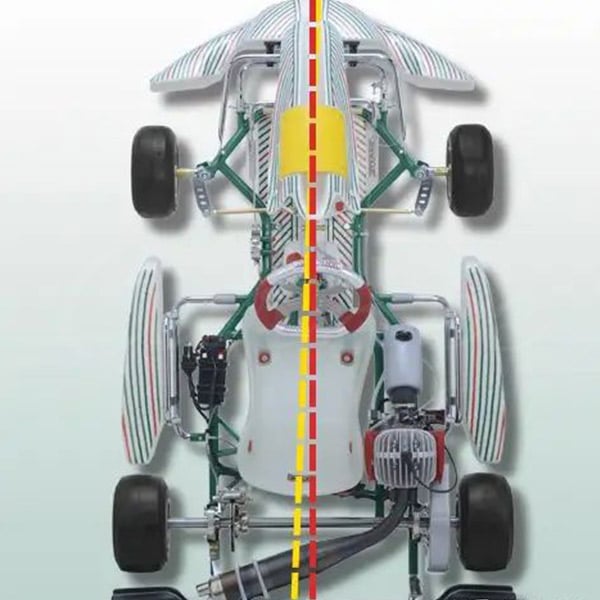 Diagram tampilan atas yang membandingkan keseimbangan sasis go-kart, menyoroti jok di tengah untuk model elektrik vs. penempatan mesin yang diimbangi untuk kart gas.