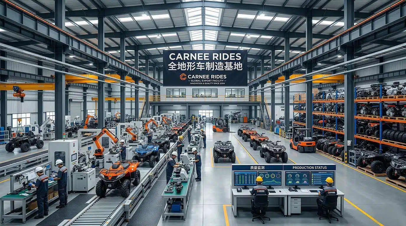 Внутри современного завода по производству квадроциклов Carnee Rides в Китае. На снимке - высокоавтоматизированная производственная линия с роботизированными манипуляторами, цифровыми станциями контроля качества и рядами квадроциклов коммерческого класса, готовых к экспорту по всему миру.