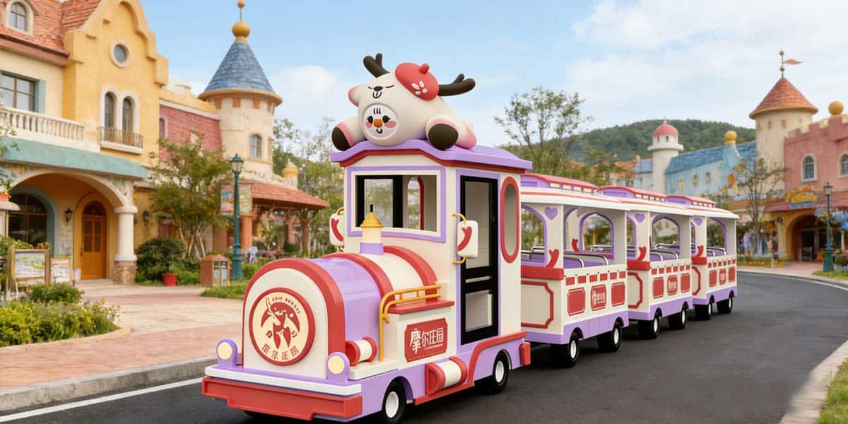 Tren eléctrico a pilas en parque de atracciones, atracción de tren infantil estilo dibujos animados diseñada para parque familiar