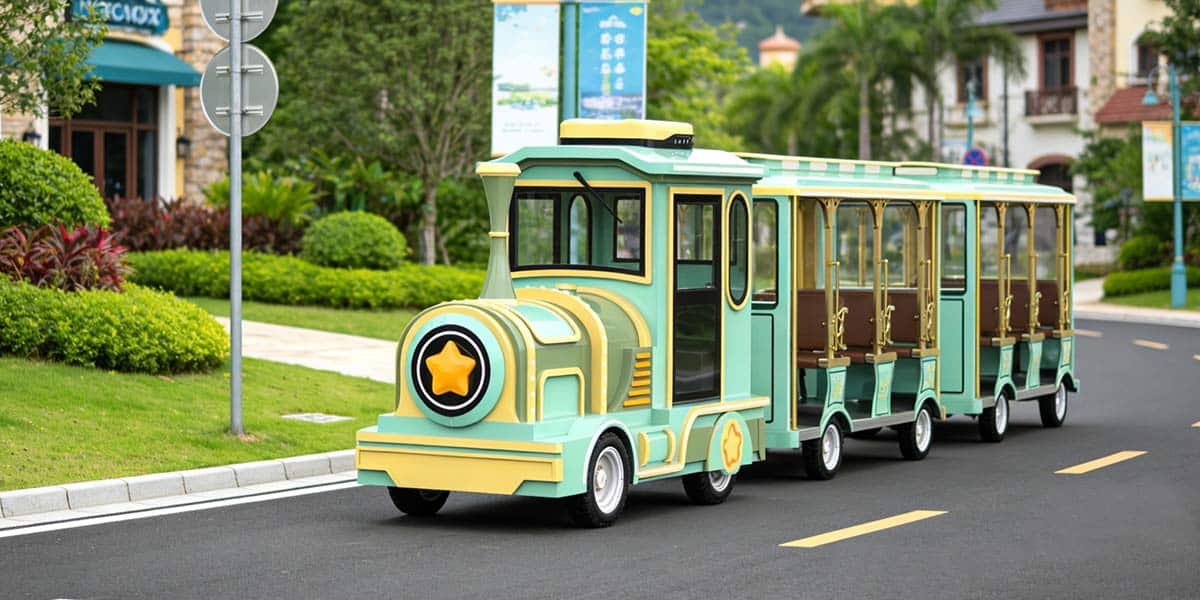 Tren eléctrico sin raíles para el turismo vacacional, tren turístico alimentado por batería utilizado en el transporte de parques escénicos con funcionamiento ecológico y batería de larga duración