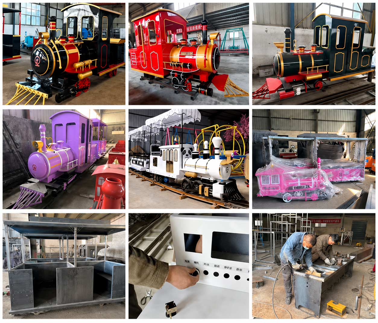 Custom track train design and production details showing locomotive styles, carriage frame, control panel and factory assembly for flower park train projects