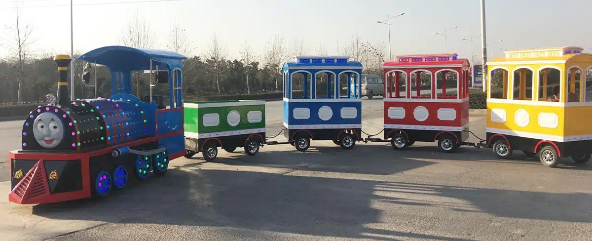 Thomas style trackless train ride for kids with colorful passenger cars for outdoor park and family attractions