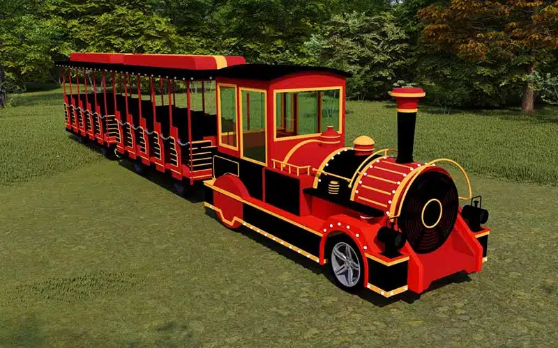 3D rendering of a 42-seat vintage-style trackless train designed for parks and tourist attractions