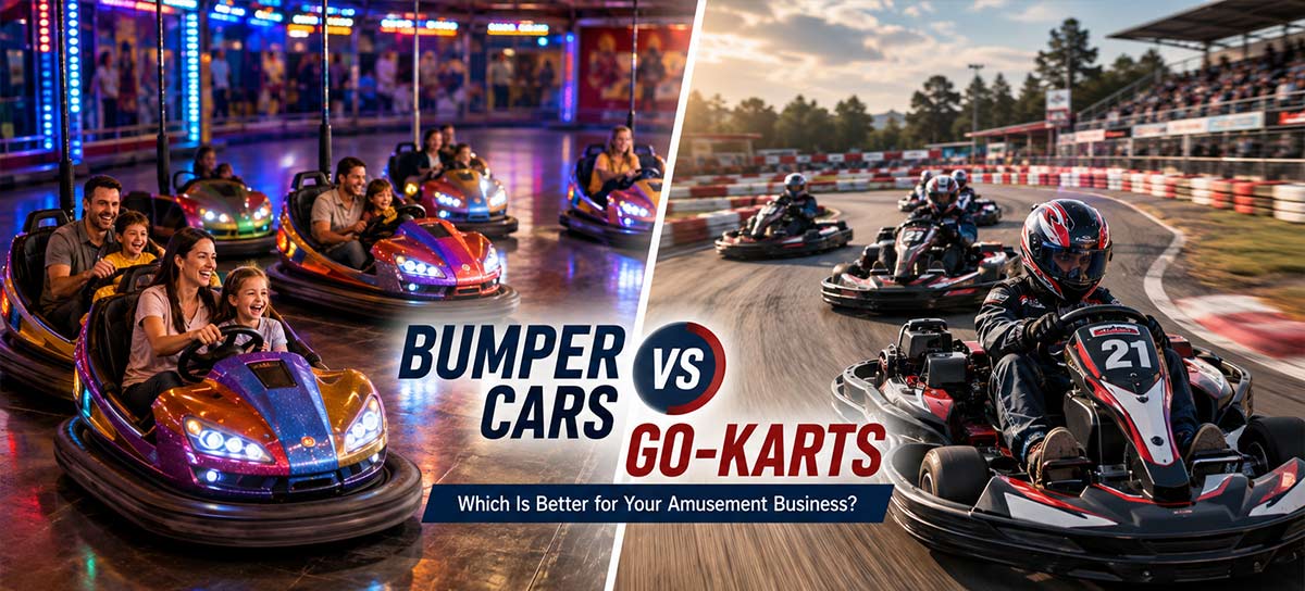 Bumper cars with families in an indoor arena compared with go-karts racing on an outdoor track for amusement park operators