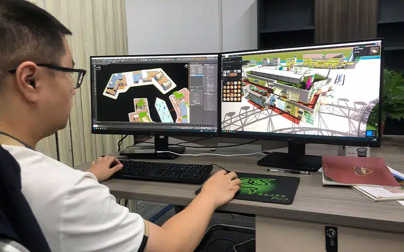 Carnee designer creating custom amusement park and trackless train project layouts using 3D design software