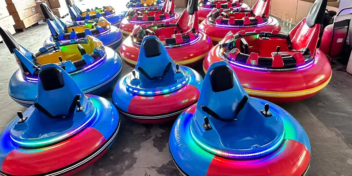 Commercial inflatable bumper cars with LED lights displayed at the factory for indoor amusement centers, FECs, shopping malls and event attractions