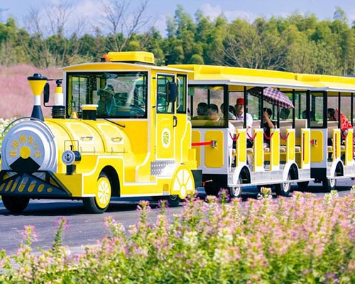 Yellow trackless sightseeing train carrying passengers through a scenic tourist attraction