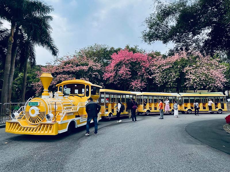 Large yellow retro commercial sightseeing trackless train with passenger coaches parked on an asphalt pathway in an outdoor mountain resort.